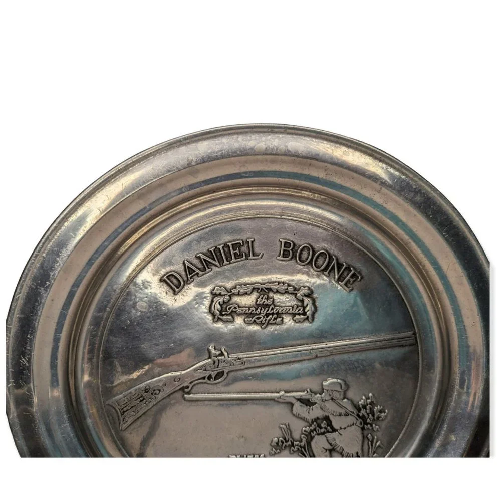 Vintage Pewter Plate & Mugs Featuring Daniel Boone & The Pennsylvania Rifle